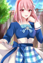 Rule 34 | 1girl, alternate costume, blue dress, blush, breasts, dress, fire emblem, fire emblem engage, hair between eyes, hairband, highres, kirishima riona, lapis (fire emblem), looking at viewer, medium breasts, nintendo, open mouth, pink eyes, pink hair, red hairband, solo, two-tone hairband