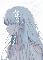 1girl absurdres bare_shoulders blue_archive collarbone flower flower_halo hair_flower hair_ornament highres long_hair looking_to_the_side nagusa_(blue_archive) no_shirt setsunoato simple_background solo upper_body white_background white_eyes white_hair