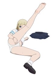 1girl absurdres ass blonde_hair blue_eyes bracelet coro_fae feet foot_focus hayasaka_ai highres jewelry kaguya-sama_wa_kokurasetai_~tensai-tachi_no_renai_zunousen~ leg_up lying navel no_shoes on_side panties pantyshot shirt shoes simple_background single_shoe single_sock socks soles solo spread_legs toes underwear white_background white_panties white_shirt white_socks