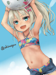 1girl :d akino_shuu armpits arms_up ball bare_arms bare_shoulders beachball bikini bikini_under_clothes blue_bikini blue_eyes blue_shorts blue_sky breasts commentary_request day fang grecale_(kancolle) grecale_(swimsuit)_(kancolle) grey_hair hair_between_eyes holding holding_ball kantai_collection long_hair looking_at_viewer navel open_clothes open_fly open_mouth open_shorts outdoors ponytail short_shorts shorts sky small_breasts smile solo swimsuit transparent twitter_username