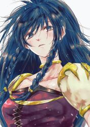 1girl armor blue_eyes blue_hair blush braid commentary_request fire_emblem fire_emblem:_the_sacred_stones highres hk_539099410 jewelry looking_at_viewer loose_hair_strand neck_ring nintendo open_mouth pauldrons shoulder_armor solo tana_(fire_emblem) twin_braids white_background