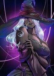 Rule 34 | 1girl, bare shoulders, beneceadraws, black background, black dress, black lips, breasts, cleavage, colored eyelashes, dark-skinned female, dark skin, dress, elden ring, elden ring nightreign, fingernails, hair between eyes, hair over one eye, hat, hat over one eye, highres, large breasts, large hat, long hair, long hair between eyes, looking at viewer, off-shoulder dress, off shoulder, parted lips, purple eyes, purple hat, purple sleeves, recluse (elden ring), simple background, smile, solo, upper body, very dark skin, watermark, white eyelashes, white hair, witch, witch hat