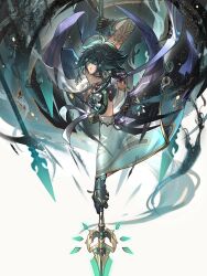 1boy chinese_clothes detached_sleeves genshin_impact gloves green_gloves green_hair highres holding holding_polearm holding_weapon jumping male_focus medium_hair polearm solo tsugutoku weapon xiao_(genshin_impact) yellow_eyes