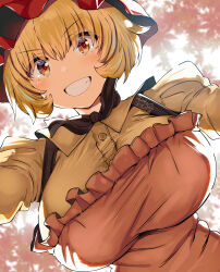 1girl 2024 aki_minoriko artist_name belko blonde_hair breasts dated female_focus grin highres large_breasts looking_at_viewer smile solo touhou twitter_username