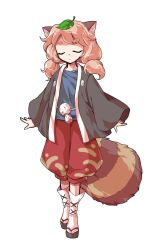1girl alphes_(style) animal_ears black_kimono black_sandals blue_shirt closed_eyes closed_mouth commentary_request dairi facing_viewer full_body japanese_clothes kimono large_variant_set leaf leaf_on_head long_hair long_sleeves okobo open_clothes open_kimono parody platform_sandals raccoon_ears raccoon_girl raccoon_tail red_shorts sandals shirt shorts socks solo standing style_parody tabi tachi-e tail tanuki_mob_(touhou) thick_eyebrows touhou transparent_background variant_set white_socks wide_sleeves