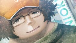 Rule 34 | 1boy, akihabara (tokyo), beret, embarrassed, fat, fat man, game cg, glasses, green shirt, grey eyes, hashida itaru, hat, highres, huke, light blush, looking at viewer, male focus, nervous sweating, non-web source, official art, open mouth, outdoors, ringed eyes, shirt, short sleeves, shy, smile, solo, square pupils, steins;gate, steins;gate: linear bounded phenogram, sweat, t-shirt, tongue, yellow hat