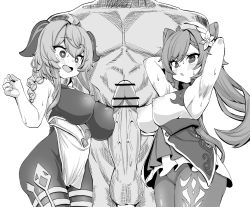1boy 2girls absurdres ahoge arms_behind_head bad_id bad_twitter_id bar_censor bare_arms blush bodystocking breasts censored clothed_female_nude_male cone_hair_bun covered_erect_nipples dress erection ganyu_(genshin_impact) genshin_impact goat_horns greyscale hair_between_eyes hair_bun hair_ornament highres horns huge_penis keqing_(genshin_impact) large_breasts long_hair monochrome multiple_girls nude pantyhose penis penis_awe pimp simple_background twintails white_background yamai_(yamaichandayo)