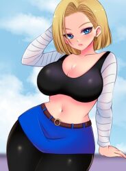 1girl android android_18 arm_behind_head arm_support arm_up belt black_pantyhose black_shirt blonde_hair blue_eyes blue_skirt blush breasts brown_belt cleavage cloud collarbone dragon_ball dragonball_z earrings hoop_earrings jewelry large_breasts long_sleeves looking_at_viewer midriff navel pantyhose robot shirt short_hair skirt sky standing sugarbell wide_hips