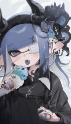 1girl black_hair black_hairband black_shirt blue_eyes blue_hair blue_tongue blunt_bangs colored_extremities colored_tongue commentary_request double_scoop ear_piercing earrings eating eyepatch fake_horns fangs finger_tattoo food hairband highres holding holding_food holding_ice_cream hoop_earrings horn_hairband horns ice_cream inkling inkling_girl inkling_player_character jewelry long_hair long_sleeves medical_eyepatch multicolored_hair multiple_earrings neck_tattoo nintendo one_eye_covered open_mouth piercing pointy_ears ring shirt solo splatoon_(series) squid_hair_ornament super_sea_snail tattoo tentacle_hair tentacle_hair_ornament tongue tongue_out unitoon upper_body