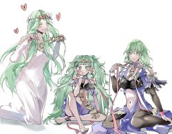 3girls blush braid breasts cleavage closed_eyes closed_mouth clothing_cutout cosplay dress female_byleth_(enlightened)_(fire_emblem) female_byleth_(fire_emblem) female_byleth_(sublime_light)_(fire_emblem) fire_emblem fire_emblem:_three_houses fire_emblem_heroes flower green_eyes green_hair hair_flower hair_ornament hair_ribbon jewelry large_breasts leggings long_hair looking_at_viewer midriff mother_and_daughter multiple_girls navel nintendo official_alternate_costume official_alternate_hair_color open_mouth pointy_ears rhea_(aura_of_love)_(fire_emblem) rhea_(fire_emblem) ribbon ribbon_braid simple_background smile sothis_(fire_emblem) sothis_(fire_emblem)_(cosplay) tiara very_long_hair white_background white_dress zat_296