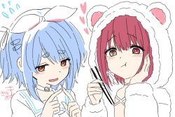 Rule 34 | 2girls, :t, animal ears, animal hood, bear ears, bear hood, blue hair, brown eyes, brown shirt, chopsticks, closed mouth, commentary request, dress, fake animal ears, finger touching, flying sweatdrops, hair between eyes, hair ribbon, heart, heart-shaped pupils, heterochromia, highres, holding, holding chopsticks, hololive, hood, hood up, hooded jacket, houshou marine, houshou marine (loungewear), jacket, kiritoma, long sleeves, multiple girls, puffy long sleeves, puffy sleeves, rabbit ears, red eyes, red hair, ribbon, shirt, short eyebrows, signature, simple background, symbol-shaped pupils, thick eyebrows, upper body, usada pekora, usada pekora (casual), virtual youtuber, wavy mouth, white background, white dress, white jacket, white ribbon