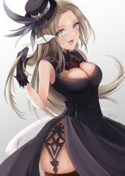 1girl au_ra black_dress black_gloves black_hat black_thighhighs breasts brown_hair cleavage cleavage_cutout clothing_cutout dated dragon_girl dragon_horns dragon_tail dress final_fantasy final_fantasy_xiv gloves grey_eyes hat hat_feather highres horns looking_at_viewer nanase_kokono open_mouth scales side_slit signature skindentation solo tail thighhighs twitter_username warrior_of_light_(ff14)