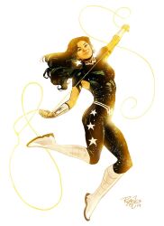 Rule 34 | 1girl, belt, black bodysuit, black hair, bodysuit, boots, bracer, dc comics, donna troy, grin, holding lasso, lasso, lasso of truth, long hair, looking at viewer, nick robles, print bodysuit, signature, simple background, sleeveless, sleeveless bodysuit, smile, solo, star (symbol), star print, white background, white boots, wonder girl, wonder woman (series)
