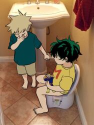 2boys aged_down all_might bakudeku bakugou_katsuki barefoot bathroom boku_no_hero_academia bones_(company) covering_nose curly_hair feet figure freckles green_hair holding_hands indoors legs messy_hair midoriya_izuku multiple_boys no_male_underwear parody shirt shorts shota shounen_jump sitting spiked_hair toes toilet_use