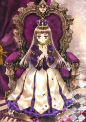 1girl absurdres black_hair book card crown dress female_focus gown highres kuramoto_kaya long_hair petals purple_crown red_eyes sitting solo throne