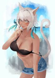 1girl absurdres animal_ears ass bare_shoulders beach bikini black_bikini blue_shorts blue_sky blush breasts cat_ears cat_girl cat_tail cleavage denim denim_shorts facial_mark final_fantasy final_fantasy_xiv grey_eyes grey_hair highres large_breasts looking_at_viewer miqo&#039;te navel neck_tattoo s4ika short_hair short_shorts shorts sky smile solo swimsuit tail tattoo whisker_markings y&#039;shtola_rhul