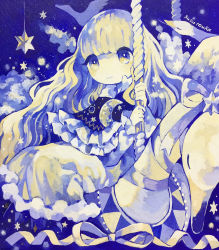 absurdres acrylic_paint_(medium) animal artist_name bird blonde_hair blue_capelet blue_eyes blush bright_pupils capelet carousel closed_eyes closed_mouth cloud crescent dress frilled_capelet frilled_dress frilled_sleeves frills happy highres light_blush long_hair long_sleeves night original outdoors painting_(medium) ribbon sidesaddle siding signature sitting smile star_(sky) star_(symbol) susutouka swan traditional_media very_long_hair wavy_hair white_dress white_pupils white_ribbon