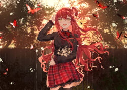 1girl :d black_jacket black_thighhighs blush bow bowtie bug butterfly collared_shirt commentary commission cowboy_shot falling_petals hand_up insect jacket long_hair long_sleeves looking_at_viewer open_mouth original outdoors petals plaid_clothes plaid_skirt red_bow red_bowtie red_butterfly red_hair red_shirt red_skirt shirt side_ponytail skeb_commission skirt smile solo thighhighs wavy_hair yellow_eyes yutsumoe