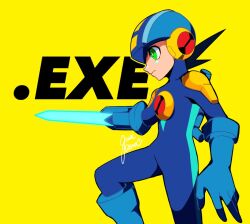 1boy arm_blade blue_bodysuit blue_helmet bodysuit green_eyes guutara helmet male_focus mega_man_(series) mega_man_battle_network_(series) megaman.exe netnavi romaji_text short_hair signature simple_background solo spiked_hair weapon yellow_background