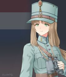 1girl absurdres artist_name belt binoculars breast_pocket brown_belt closed_mouth commentary dutch_army dutch_flag flag_background green_eyes green_hat green_jacket hat highres holding holding_binoculars jacket leochan1202 long_hair long_sleeves military military_rank_insignia military_uniform netherlands original peaked_cap pocket sidelocks smile solo upper_body world_war_ii