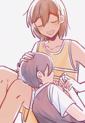 2boys :d antenna_hair backlighting bailan1130 bare_shoulders black_hair black_sweater_vest blush chinese_commentary closed_eyes collarbone collared_shirt commentary_request dark-skinned_male dark_skin double-parted_bangs feet_out_of_frame grey_background hair_between_eyes hand_on_another&#039;s_head highres holding_hands kel_(faraway)_(omori) kel_(omori) knees_up lap_pillow lying medium_hair multiple_boys omori on_side open_mouth orange_shorts orange_tank_top profile shirt short_hair short_sleeves shorts simple_background sitting smile sunny_(omori) sweater_vest tank_top u_u upper_body white_shirt white_trim