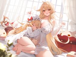 Rule 34 | 2girls, alice (genshin impact), alternate costume, barefoot, blonde hair, breasts, chinese commentary, closed eyes, commentary request, dodoco (genshin impact), elf, embarrassed, feet, genshin impact, hat, highres, indoors, klee (genshin impact), large breasts, leaning on person, light particles, lingerie, long hair, mother and daughter, multiple girls, nahaki, nightcap, on bed, pajamas, pointy ears, red eyes, sleeping, underwear, wavy mouth, white chemise, white pajamas