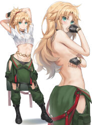 1girl arms_up belly_chain black_gloves blonde_hair blush boots braid breasts choker collared_shirt crop_top fate/apocrypha fate_(series) fingerless_gloves gloves green_eyes green_pants hair_ornament hair_scrunchie half_up_braid highres jewelry long_hair looking_at_viewer midriff mordred_(fate) mordred_(fate/apocrypha) multiple_views navel pants parted_bangs ponytail red_scrunchie revision scrunchie shirt short_sleeves sidelocks simple_background small_breasts smile tonee white_shirt