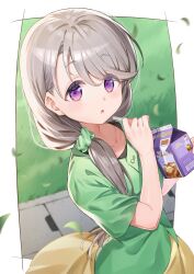 1girl absurdres black_undershirt blush border collarbone commentary drinking_straw falling_leaves grass green_scrunchie green_shirt grey_hair hair_over_shoulder highres holding holding_drinking_straw holding_milk_carton leaf long_hair looking_at_viewer low_ponytail milk_carton milk_tea minato0683 mono_(afro) outdoors outside_border parted_bangs ponytail purple_eyes scrunchie shikishima_sakurako shirt shorts skirt solo storm_drain swept_bangs white_border yellow_skirt