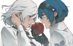 Rule 34 | 2boys, apple, black bow, black bowtie, black gloves, blue eyes, blue hair, bow, bowtie, dark-skinned male, dark skin, dual persona, food, fruit, gloves, hairband, holding, holding food, holding fruit, lirica, long sleeves, male focus, metaphor: refantazio, multiple boys, open mouth, protagonist (metaphor: refantazio), sharing food, shirt, simple background, spoilers, the prince (metaphor: refantazio), upper body, white background, white hair, white shirt