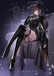 1girl absurdres artist_name black_boots black_coat black_garter_straps black_gloves black_hair black_jacket blue_eyes boots breasts buttons coat coat_on_shoulders collared_shirt commentary commission crossed_legs double-breasted earrings finger_to_mouth fishnet_thighhighs fishnets full_body fur-trimmed_coat fur_trim garter_straps gloves halo high_heel_boots high_heels highres jacket jewelry large_breasts long_hair looking_at_viewer necktie original parted_lips ringeko-chan shirt sidelocks sitting solo thigh_boots thighhighs thighhighs_under_boots thighs white_shirt yellow_necktie