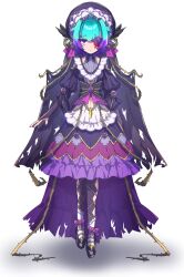 1girl absurdres bags_under_eyes black_cape black_dress black_leggings black_shoes blue_hair breasts bridal_gauntlets cape commentary_request dress fate/grand_order fate_(series) highres kibinago_(kibinago614) leggings locusta_(fate) looking_at_viewer multicolored_hair plant purple_eyes purple_hair purple_nails purple_skirt shoes short_hair simple_background skirt small_breasts solo thorns two-tone_hair vines white_background