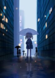 1girl arm_at_side azusawa_kohane black_jacket black_shoes blonde_hair blurry blurry_background blush_stickers building city city_lights commentary_request depth_of_field drawstring fishnet_socks fishnets fog grey_hoodie grey_skirt hair_between_eyes highres holding holding_umbrella hood hood_down hoodie jacket kyline lapels light_particles looking_at_viewer miniskirt no_mouth no_nose no_sclera notched_lapels outdoors people project_sekai reflection reflective_floor reflective_water shoes short_hair silhouette skirt sleeves_past_wrists socks standing straight-on striped_clothes striped_skirt umbrella wet_floor wide_shot yellow_eyes
