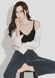 Rule 34 | 1girl, alternate costume, artist name, barefoot, black bra, bra, breasts, brown eyes, brown hair, casual, claire redfield, cleavage, collarbone, collared shirt, crossed arms, foot out of frame, grey background, grey pants, hand on own chin, long hair, medium breasts, pants, parted bangs, parted lips, resident evil, sardine (kjr0313), shirt, shirt partially removed, single bare shoulder, sitting, solo, underwear, white shirt