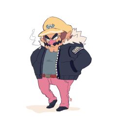 1boy animated animated_gif belt big_nose black_shoes blue_jacket blue_shirt brown_hair cabbie_hat character_name cigarette closed_eyes cutie-png denim eyeshadow facial_hair fur-trimmed_jacket fur_trim hands_in_pockets hat head_down hood hooded_jacket jacket jeans letter makeup mario_(series) mustache name_tag nintendo pants pink_pants pointy_ears red_belt shirt shoes smoke smoking v-shaped_eyebrows wario warioware yellow_hat zipper