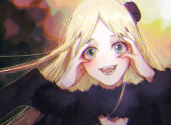 Rule 34 | 1girl, bat wings, black dress, black nails, blonde hair, blue eyes, breasts, cleavage, demon wings, dress, fangs, fur trim, hands on own face, looking at viewer, nail polish, overlord (maruyama), parted bangs, renner theiere chardelon ryle vaiself, sharp nails, wings, yandere