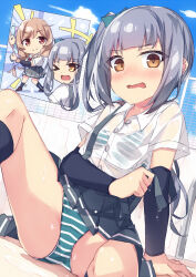 &gt;_&lt; +++ 2girls beritabo black_skirt black_socks blue_bow blush bow bra bra_visible_through_clothes breasts brown_eyes brown_hair chibi collared_shirt commentary_request dress_shirt grey_hair hair_bow highres kantai_collection kasumi_(kancolle) knee_up kneehighs long_hair minegumo_(kancolle) multiple_girls nose_blush one_eye_closed open_mouth panties pleated_skirt school_uniform see-through_clothes see-through_shirt shirt side_ponytail sitting skirt small_breasts socks striped_bra striped_clothes striped_panties suspender_skirt suspenders underwear very_long_hair wet wet_clothes wet_shirt
