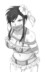 1girl bound breasts cleavage final_fantasy final_fantasy_vii final_fantasy_vii_rebirth final_fantasy_vii_remake flower gag gagged greyscale hair_flower hair_ornament highres improvised_gag looking_at_viewer lost_one_zero monochrome solo swimsuit tape tape_bondage tape_gag tifa_lockhart tifa_lockhart_(shining_spirit)