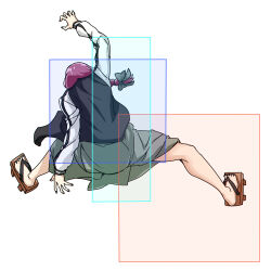 1girl angel_(kof) arm_up black_jacket black_nails bocchi_the_rock! bow chromatic_aberration dress fighting_game fingernails from_behind full_body geta green_bow green_dress hair_bow hiroi_kikuri hitbox jacket long_hair long_sleeves medium_dress multicolored_jacket nail_polish pink_hair simple_background solo the_king_of_fighters toenail_polish toenails torako_(toramaru) twitter_username two-tone_jacket watermark white_background white_jacket