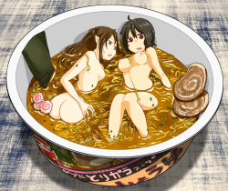 2girls ahoge aotaro ass black_hair bowl breasts brown_eyes brown_hair cup_ramen food himekaidou_hatate in_bowl in_container in_food kamaboko meat medium_breasts mini_person minigirl multiple_girls narutomaki nipples noodles nori_(seaweed) nude product_placement ramen red_eyes shameimaru_aya sweat touhou twintails