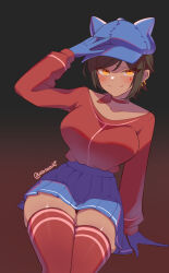 1girl absurdres animal_hat artist_name asu_0602 black_background blue_gloves blue_hat blue_skirt blush breasts cappie cappie_(cosplay) cat_hat choker closed_mouth collarbone commentary cool_mita_(miside) cosplay dark-skinned_female dark_skin ear_piercing english_commentary furrowed_brow gloves gradient_background hand_on_ground hand_on_own_hat hat head_tilt highres large_breasts limbus_company long_sleeves miside mita_(miside) orange_eyes outis_(project_moon) parted_bangs piercing project_moon red_background red_choker red_thighhighs shirt_tucked_in short_hair sitting skindentation skirt smile solo thighhighs thighs twitter_username two-tone_background white_trim zettai_ryouiki