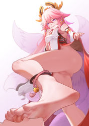 1girl absurdres animal_ears anklet bare_legs bare_shoulders barefoot blurry blurry_background breasts chan_sang cleft_of_venus clothes_lift commentary_request depth_of_field detached_sleeves diamond-shaped_pupils diamond_(shape) dress feet femdom foot_focus fox_ears fox_girl fox_tail from_below genshin_impact hair_between_eyes hair_ornament hand_up highres jewelry legs licking licking_foot lifting_own_clothes long_hair looking_at_viewer medium_breasts multiple_tails nail_polish no_panties pelvic_curtain pink_hair pink_nails purple_eyes pussy sadism simple_background smile soles solo_focus standing symbol-shaped_pupils tail toenail_polish toenails toes tongue tongue_out uncensored white_background white_dress wide_sleeves yae_miko