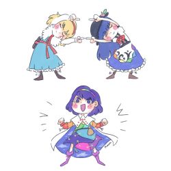 3girls :d alice_margatroid apron artist_name ascot black_headwear blonde_hair blouse blue_dress blue_eyes blue_hair blue_skirt blush book boots cape dress emphasis_lines food frilled_dress frills fruit fusion fusion_dance hairband hat hinanawi_tenshi leaf long_hair manamanami multicolored_clothes multicolored_hairband multiple_girls neck_ribbon open_mouth patchwork_clothes peach pointing pouch rainbow_gradient red_ascot red_hairband ribbon shirt short_hair short_sleeves skirt smile tenkyuu_chimata touhou v-shaped_eyebrows zipper