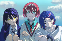 1boy 2girls amate_yuzuriha aqua_eyes blue_hair blue_sky closed_eyes cloud collared_shirt colored_inner_hair commentary_request gundam gundam_gquuuuuux highres jacket knees_up long_hair long_sleeves looking_at_another multicolored_hair multiple_girls necktie nyaan_(gundam_gquuuuuux) o6nuqm outdoors purple_hair red_hair school_uniform shirt short_hair shuji_ito side-by-side sky smile sweater two-tone_hair yellow_eyes