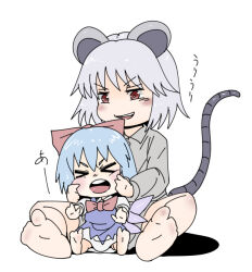 2girls animal_ears barefoot blue_dress blue_hair blush bow bowtie cirno closed_eyes commentary_request dress full_body grey_dress grey_hair hair_bow hanemikakko ice ice_wings looking_at_another mouse_ears mouse_girl mouse_tail multiple_girls nazrin open_mouth red_bow red_bowtie red_eyes short_hair simple_background sitting smile tail touhou v-shaped_eyebrows white_background wings