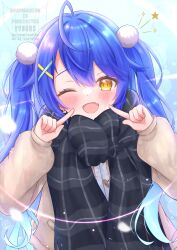 Rule 34 | 1girl, absurdres, ahoge, amamiya kokoro, black scarf, blue hair, blush, fang, hair between eyes, hair ornament, happy, highres, long hair, long sleeves, looking at viewer, matcha november, nijisanji, one eye closed, open mouth, plaid clothes, plaid scarf, scarf, skin fang, solo, two side up, virtual youtuber, x hair ornament, yellow eyes