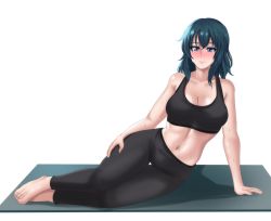1girl arm_support bare_shoulders barefoot black_pants black_sports_bra blue_eyes blue_hair blush breasts female_byleth_(fire_emblem) cleavage collarbone commentary_request drie fire_emblem fire_emblem:_three_houses full_body groin hair_between_eyes hand_on_own_thigh highres large_breasts medium_hair midriff navel nintendo nose_blush pants partial_commentary shadow sidelocks simple_background sitting solo sports_bra sweat thigh_gap tight_clothes tight_pants white_background yoga_mat yokozuwari