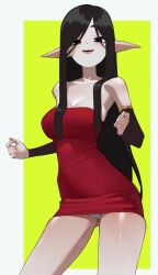 1girl :d anemoneeanemone bare_legs bare_shoulders black_eyes black_hair black_sleeves borrowed_character breasts cleavage contrapposto cowboy_shot detached_sleeves dress fangs green_background highres large_breasts licorice_(justadrian) long_hair long_pointy_ears long_sleeves looking_at_viewer open_mouth original pale_skin panties pantyshot parted_bangs pointy_ears red_dress short_dress sidelocks simple_background smile solo strapless strapless_dress teeth underwear upper_teeth_only very_long_hair white_panties