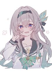1girl absurdres blush bow bowtie buttons firefly_(honkai:_star_rail) firefly_(spring_missive)_(honkai:_star_rail) flower gradient_eyes gradient_hair green_bow green_bowtie green_pupils grey_hair grey_hairband grey_ribbon grey_sailor_collar hair_between_eyes hair_intakes hair_ornament hair_ribbon hairband hand_in_own_hair highres hinay_2 honkai:_star_rail honkai_(series) long_hair multicolored_eyes multicolored_hair open_mouth plaid_bow plaid_bowtie plaid_clothes ribbon sailor_collar simple_background smile solo white_background