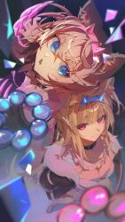 2girls absurdres animal_ear_fluff animal_ears black_coat black_jacket blonde_hair blue_eyes blue_hairband breasts claw_(weapon) cleavage coat dog_ears dog_girl dress fuwawa_abyssgard fuwawa_abyssgard_(1st_costume) hairband highres hololive jacket large_breasts long_hair looking_at_viewer mococo_abyssgard mococo_abyssgard_(1st_costume) multiple_girls newbie_(newbie_132) pink_eyes pink_hairband short_hair siblings sisters spiked_hairband spikes twins virtual_youtuber weapon white_dress