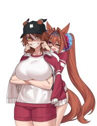 2girls angry animal_ears baseball_cap breasts brown_hair crossed_arms daiwa_major_(racehorse) daiwa_scarlet_(umamusume) forced_smile fukuro_(maruaru00) gym_uniform hat highres horse_ears horse_girl horse_tail huge_breasts jacket long_hair multiple_girls original red_eyes red_jacket red_shorts shirt shorts sidelocks tail tiara umamusume white_background white_shirt yellow_eyes